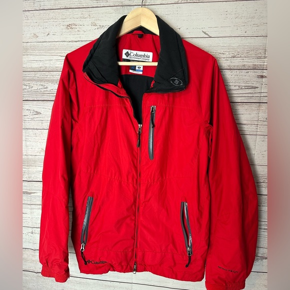 Columbia Jacket Mens M Med Red Black Zip Up Omni Tech Interchange Hooded Logo - Picture 1 of 8